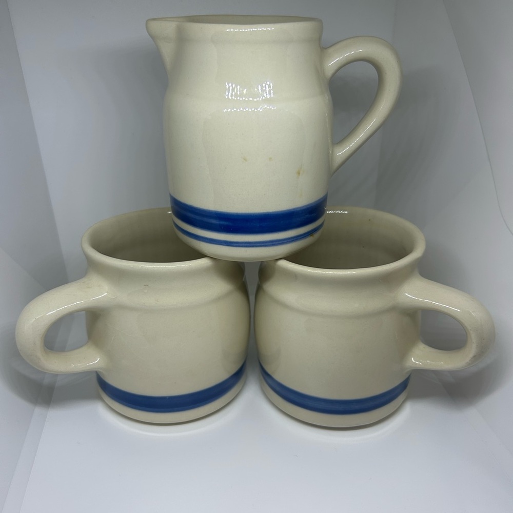 Vintage Mugs & Creamer Roseville Friendship Pottery Blue Striped
